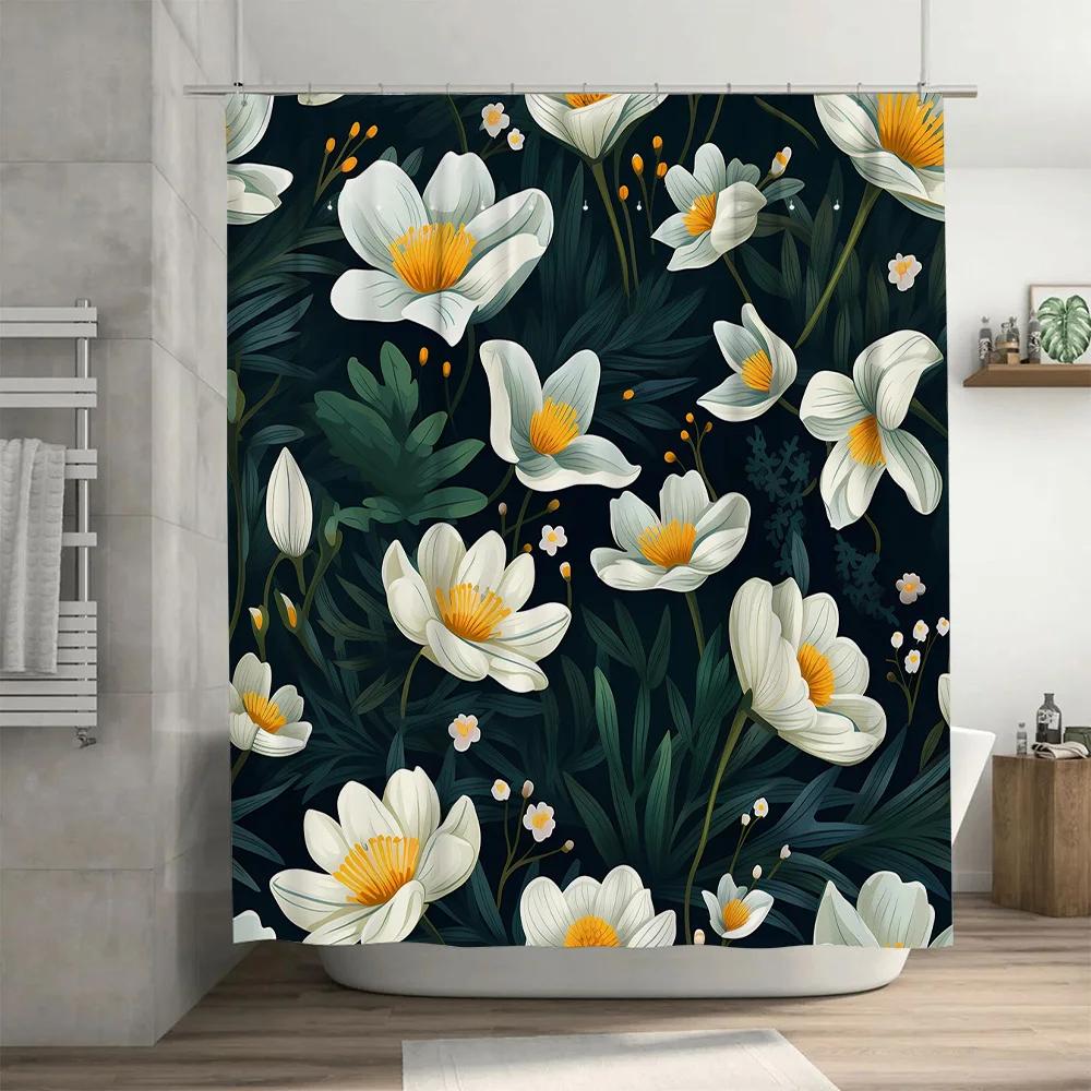 Floral Dark Green Bath Curtain Waterproof Decorative Shower Curtain in White Yellow Colors Modern Home Decor Accessories (180x24