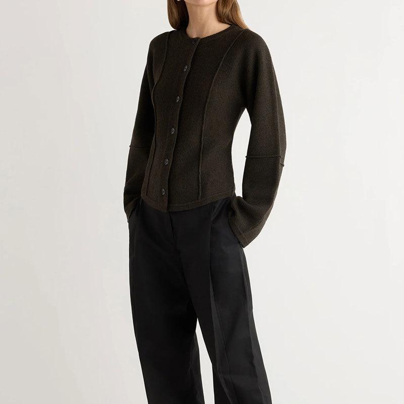European and American round neck long-sleeved open-sewn knitted cardigan top autumn and winter new slim-fitting and thin sweater jacket women's 