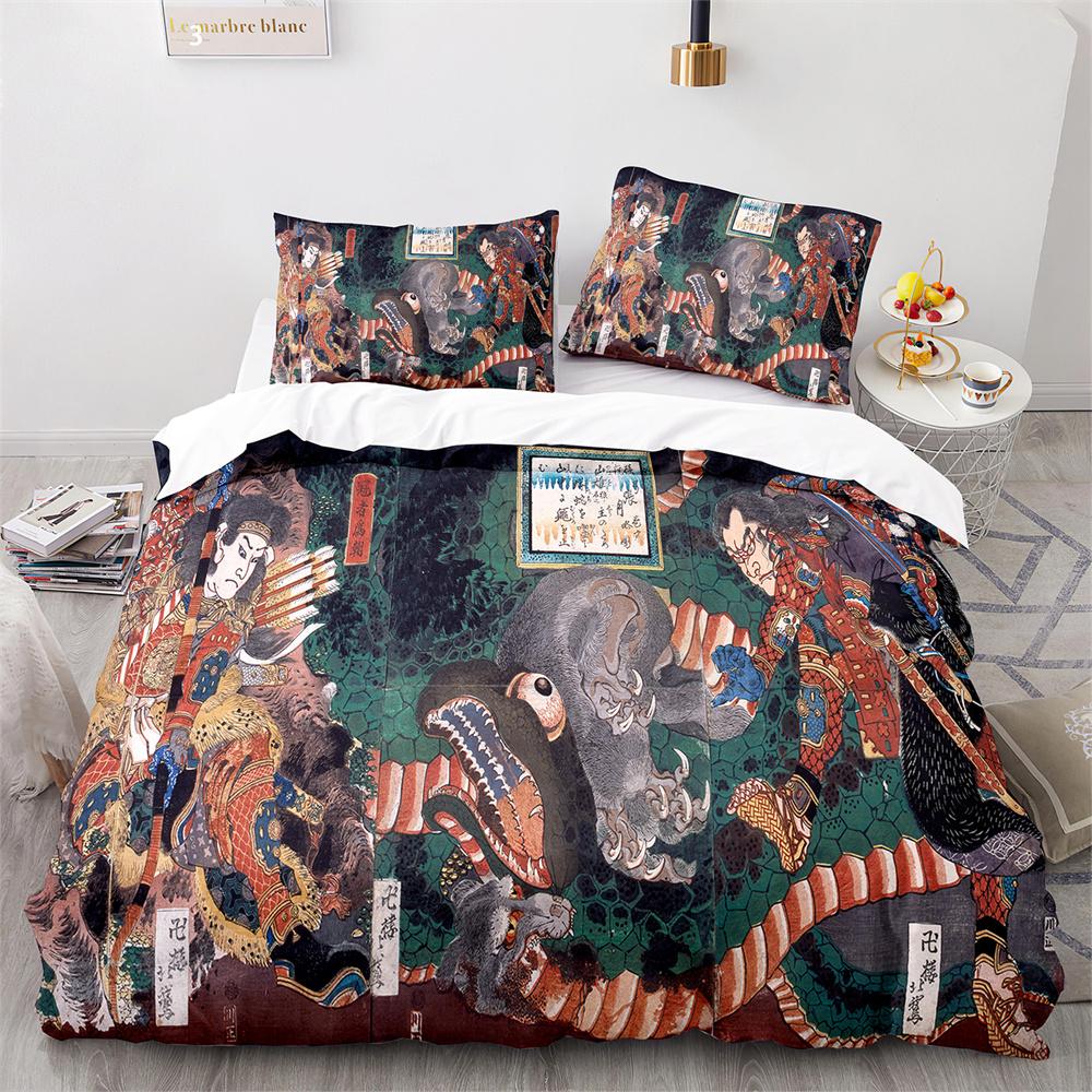 Japanese-Style Bedding Set Ukiyo-e Theme Comforter Cover Sea Wave Red Sun Pattern Decor Duvet Cover For Kids Teen King Full Size