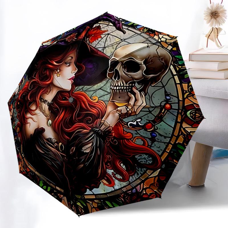 1pc Witch Skull Automatic Folding Umbrella, Sturdy And Durable Automatic Folding Umbrella with 8 Ribs, Convenient for Outdoor Use012