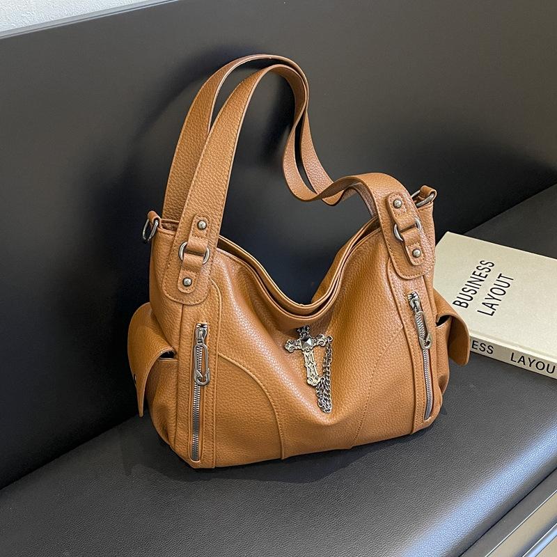 Lychee Pattern Bag Large Capacity Women's Cross Rivet Shoulder Bag High Sense Retro Oblique Span Bag Women's Versatile