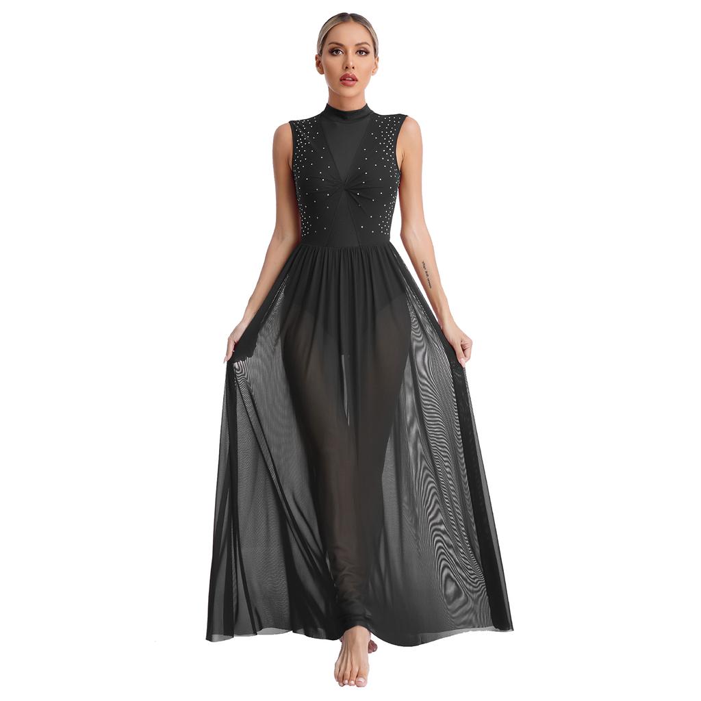 Womens Shiny Rhinestone Lyrical Dance Dress Mock Neck Sleeveless Open Back Twist Front Sheer Mesh Overlay Leotard
