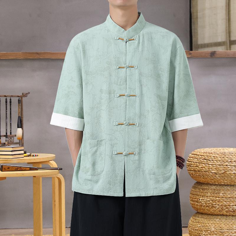 Men's Lightweight Mandarin Collar Printed Shirt Summer Chinese Style Cotton and Linen Casual Wear Top M-5XL