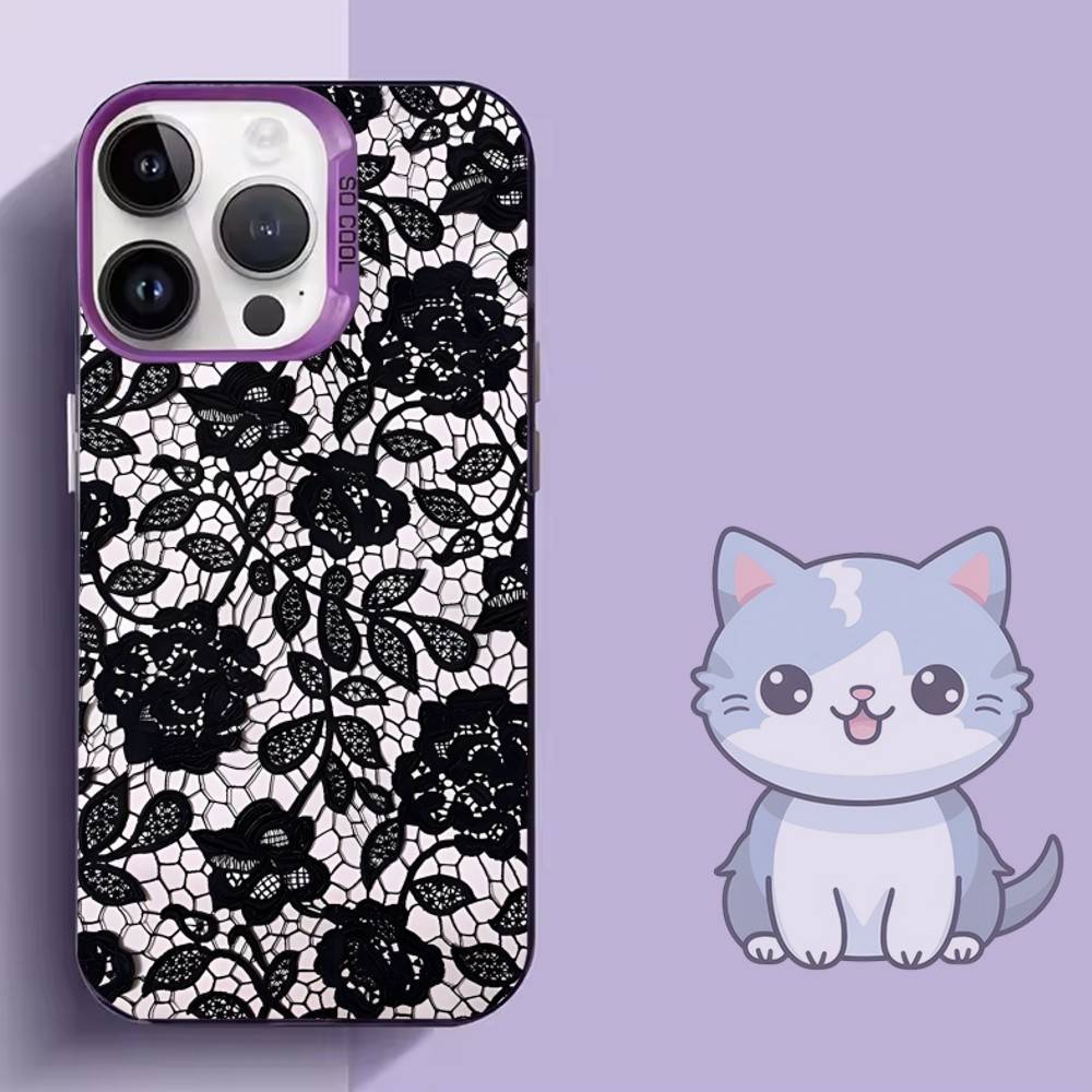 Black Lace Print New Hot Phone Case For iPhone 16,15,14,13,12,11,Mini,Pro,SE,MAX,plus,Purple Matte Silicone Cover