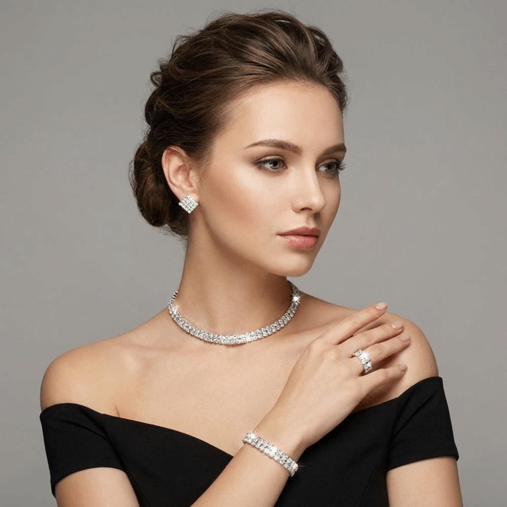 4Pcs Multilayer Necklace Bracelet Earring Ring Set Shiny Rhinestone Choker Bridal Jewelry Set Women