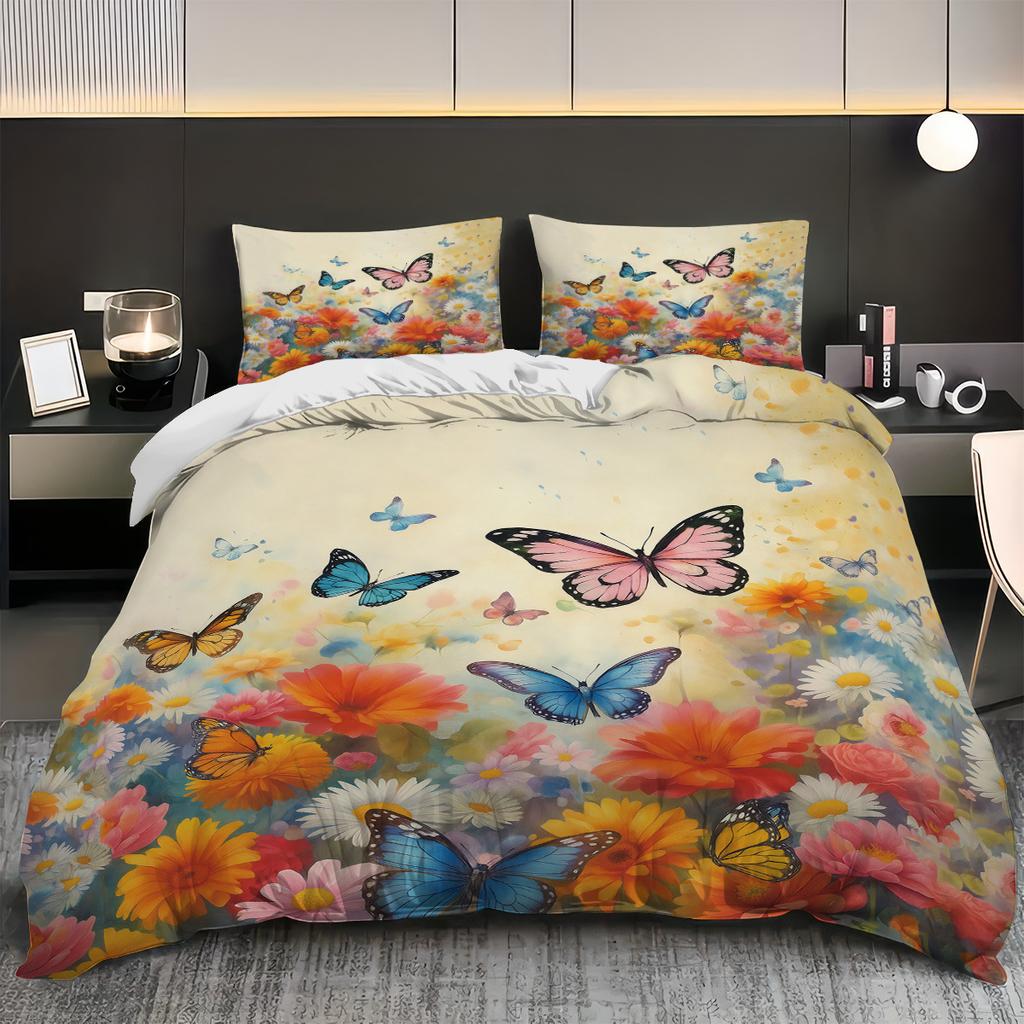 3-teiliges Bettwäscheset ohne Füllung mit Schmetterlingsgarten-Print, verschiedene Größen, geeignet für Schlafzimmer, Studentenwohnheime, bequem, maschinenwaschbar