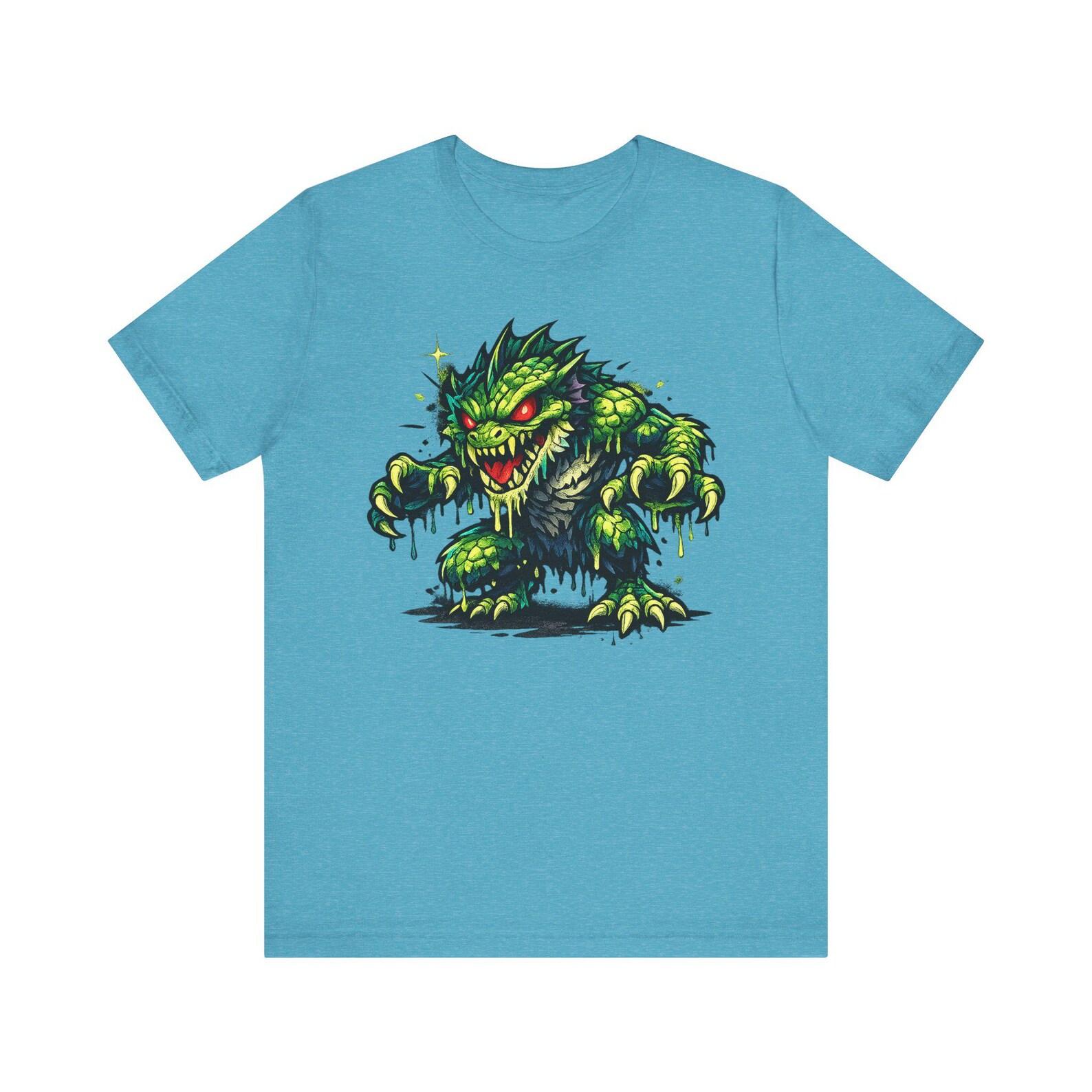 Green Monster Illustration T-Shirt | Creepy Swamp Creature Tee, Fun Cartoon Horror Art Unisex XL