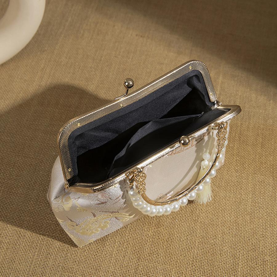 Fashi Clip-On Chinese Evening Bag With Ctrasting Flower Print, Pearl Chain Handbag, Elegant Crossbody Bag for Daily Travel