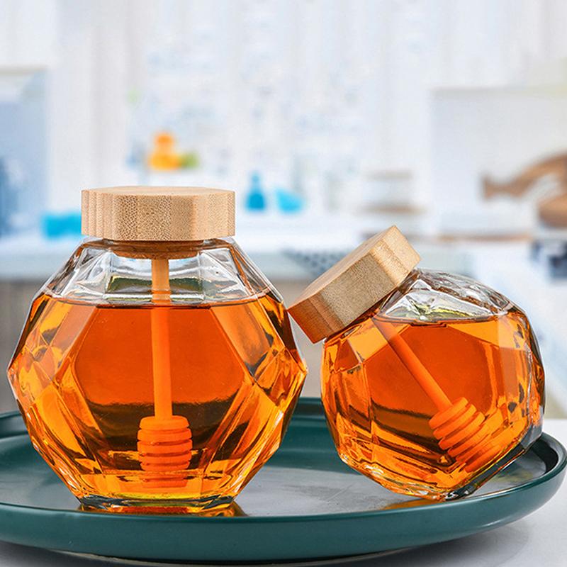 Boccetta di Vetro Esagonale Vuota per Miele con Bastoncino Mescolatore in Legno per Miele, Barattolo Trasparente Sigillante per Marmellata, Conservazione Cucina Casa 250G/500G/1000G