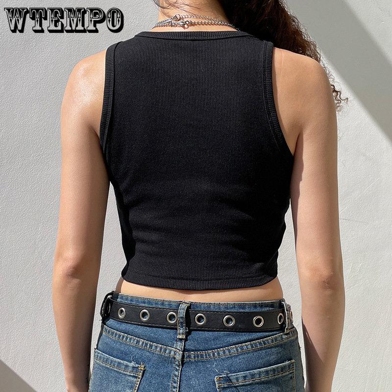 WTEMPO Sommer Damen Figur Bedruckte Rundhals Cropped Tops Mädchen Schwarz Braun Lässige Ärmellose Kurze Westen