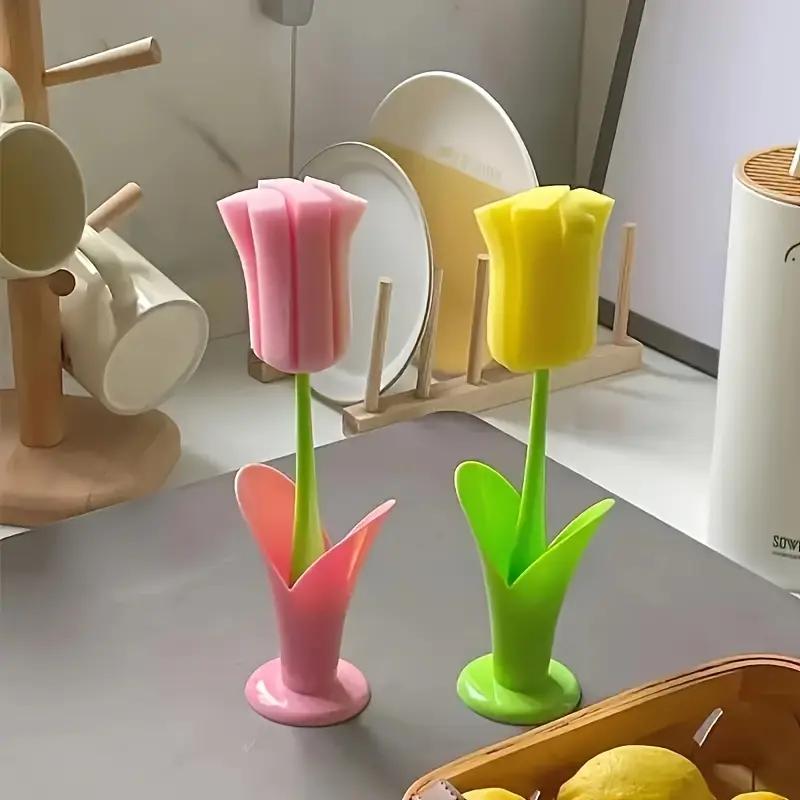 1pc Tulip Cup Brush with Detachable Sponge Head - Long Handle Bottle & Glass Cleaner, Durable Plastic, Ideal for Kitchen Use