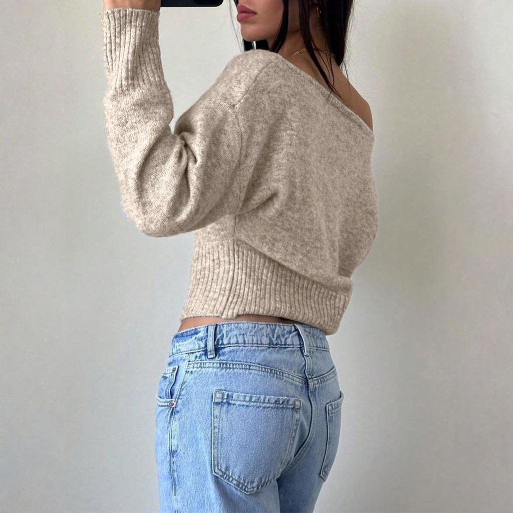 Women's Casual Fashion Off-Shoulder Color Short High-Waisted Slimming Sweater