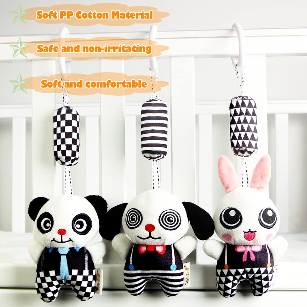 3 Pack Hanging Rattle Toys,Cartoon White Black Stuffed Stroller Plush Toys for Newborn 0-18 Month Baby Bed Crib Toys with Wind Chimes (Zebra,Deer&Cow)