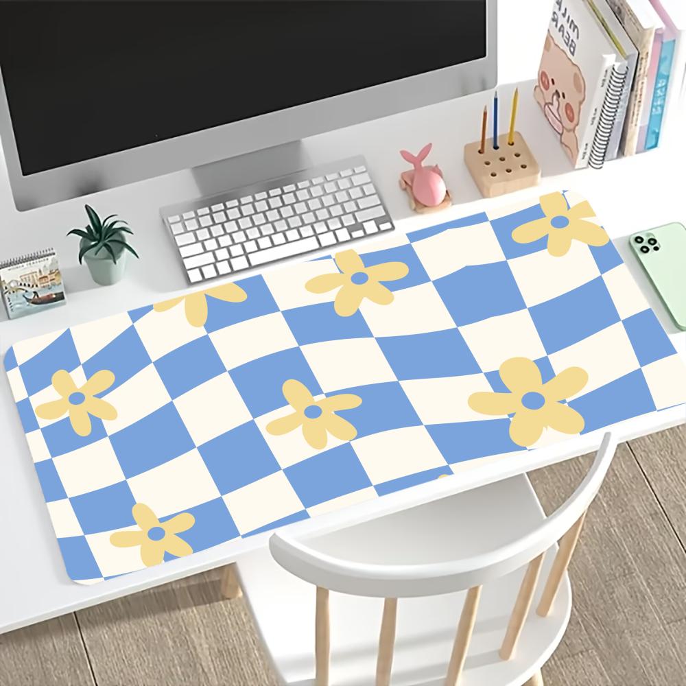 Pastel Checkerboard Flower Gaming Mouse Pad Non Slip Rubber Stitched Edge Keyboard Mat For Laptop Office Desktop Decor