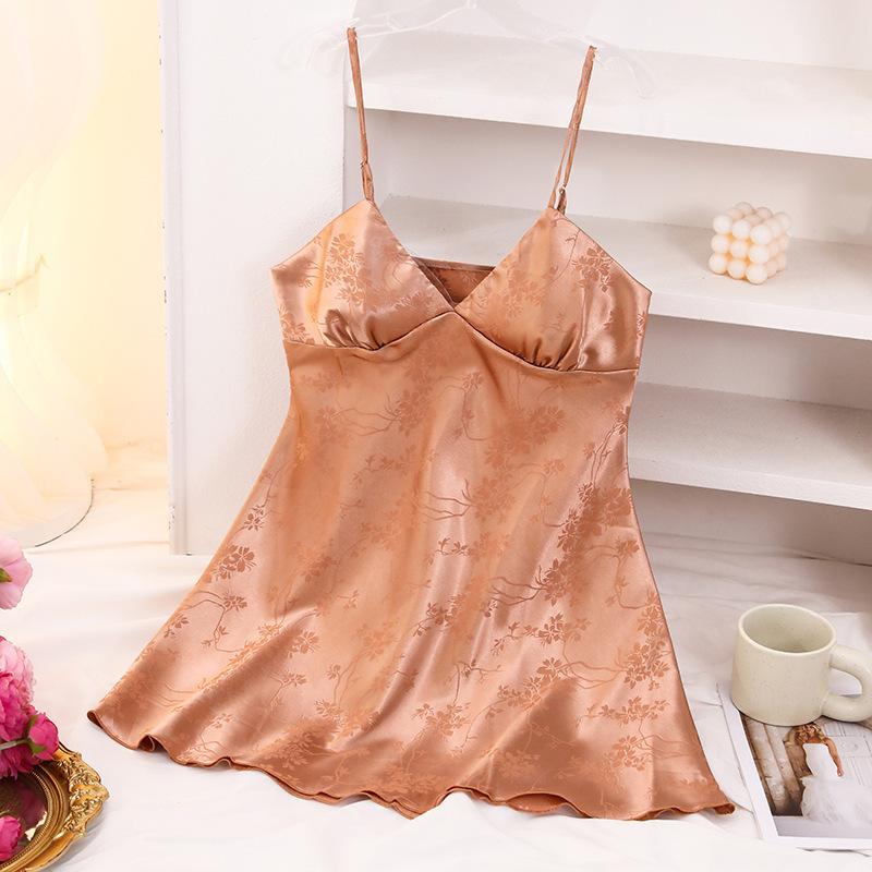 Sexy short backless home nightdress, solid color summer jacquard V-neck suspender skirt simulation silk thin dress women