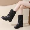 French retro western cowboy boots women's 2025 spring and autumn new high-heeled stacking boots slim pleated medium tube Martin boots