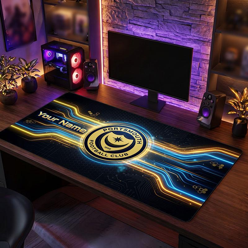 Portsmouth FC Custom Large Mouse Pad, Personalized Name Text Print, Football Logo Non‑Slip Desk Mat Gaming Gift