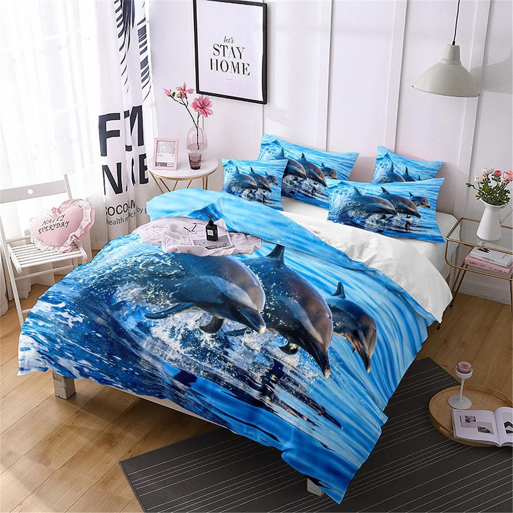 3D-gedruckte Heimtextilien Bettwäsche Delfin Meeresschildkröte Meerestier Quilt-Set Dreiteiliges Set