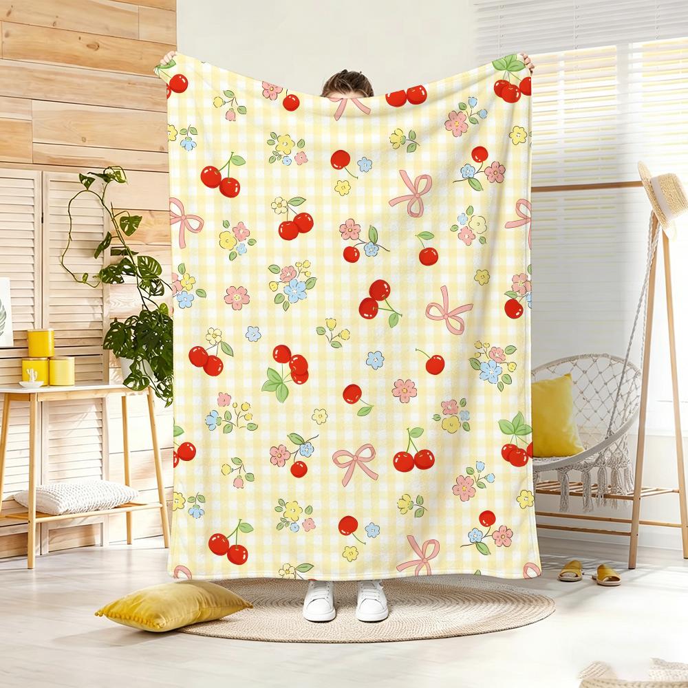 Art Illustration C-Cherry Floral Bow Throw Lightweight 240g Flannel Blanket Soft Skin-friendly for Summer Cooling
