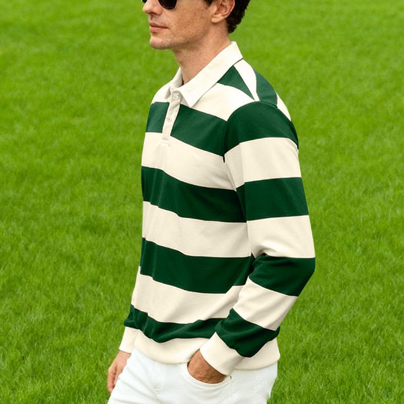 New Men's Long-Sleeved Polo Shirt: Relaxed Fit, Lightweight, Mature-Style Striped Casual T-Shirt