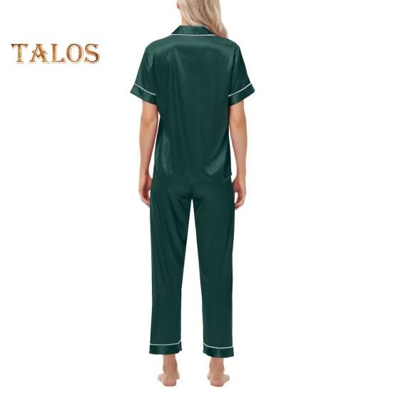 2-teiliges Pyjama-Set aus Satin, einreihig, Eisseide, Übergröße, Strickjacke, V-Ausschnitt, Reverskragen, einfarbiges Hemd, weites Bein, lockere Hose, Nachthemd