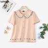 VONDA Women Casual Lapel Neck Short Sleeve Embroidery Cute Blouse