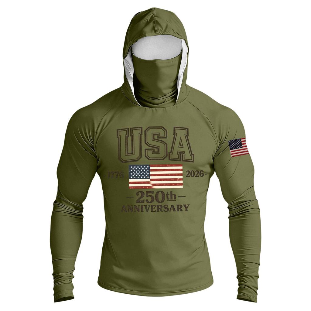 Men's Casual Raglan Sleeve Hooded Long Sleeve Sun Protection Shirt USA 250th Anniversary Graphic Lightweight Performance Top