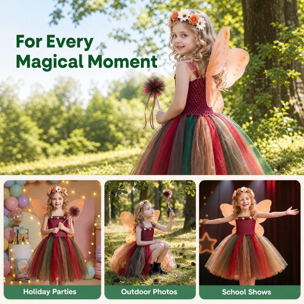 Forest Fairy Girl Costume Dress With Tulle Skirt Butterfly Wings Magic Wand For Toddler Girls