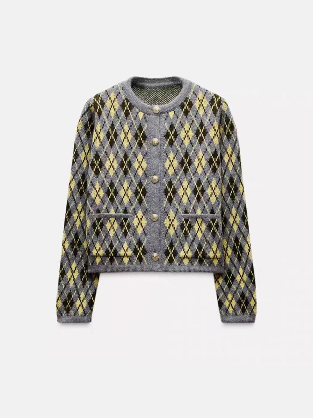 

Rose Beauty A Женский однобортный повседневный кардиган с ромбическим узором и длинным рукавом, осень/зима M серый/жёлтый