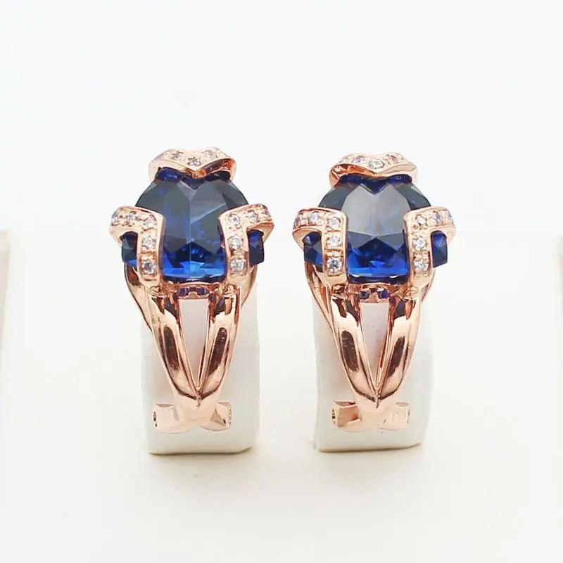 Exquisite Russian 585 Purple Gold Triangular Blue Stone Earrings Women S High-End Temperament Rose Gold Plated Diamond Earrings