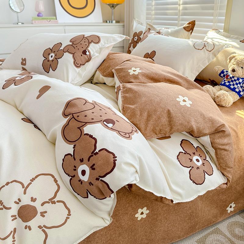 Washed Cotton 4Pcs Set, Spring And Autumn 1.8M Bed Sheet Double Quilt Set 3Pcs Home Textile