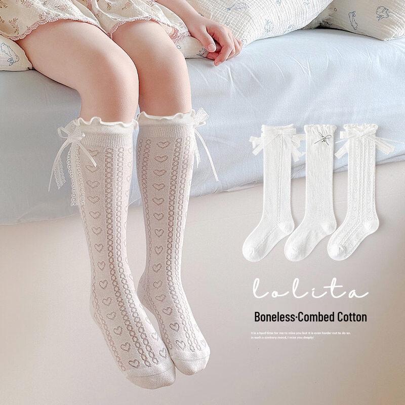 Mao Ren Girls Breathable Mid-Calf Socks with Bowknot M