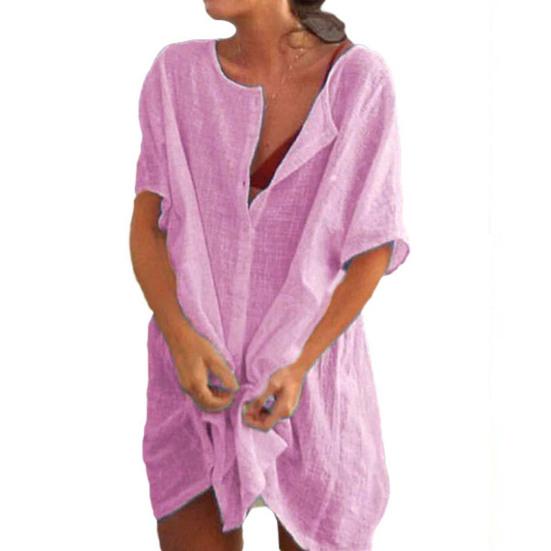 Plus Size Women Solid Color Short Sleeve V Neck Buttons Loose Shirt Mini Dress