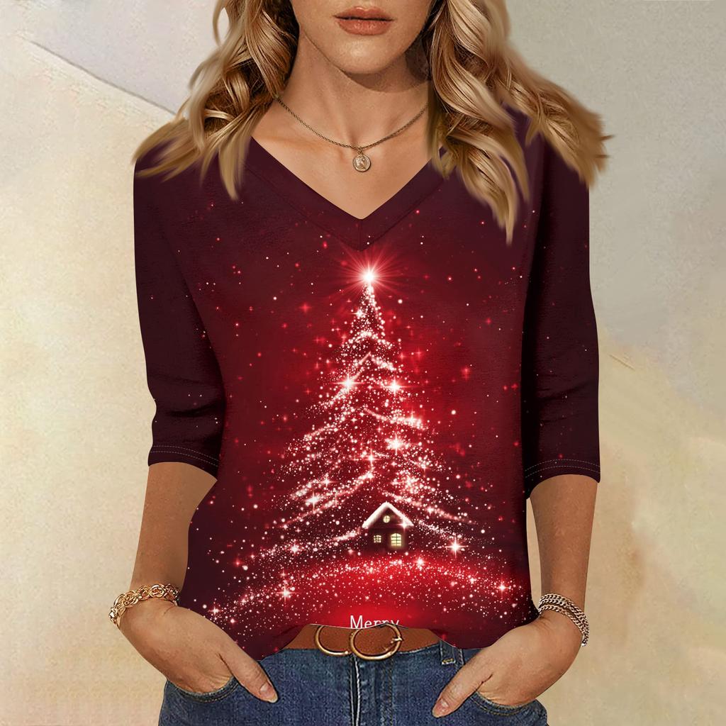 Women's T Shirt CHristmas Print 3/4 Sleeve Daily Weekend Fashion Basic V- Neck Regular Top