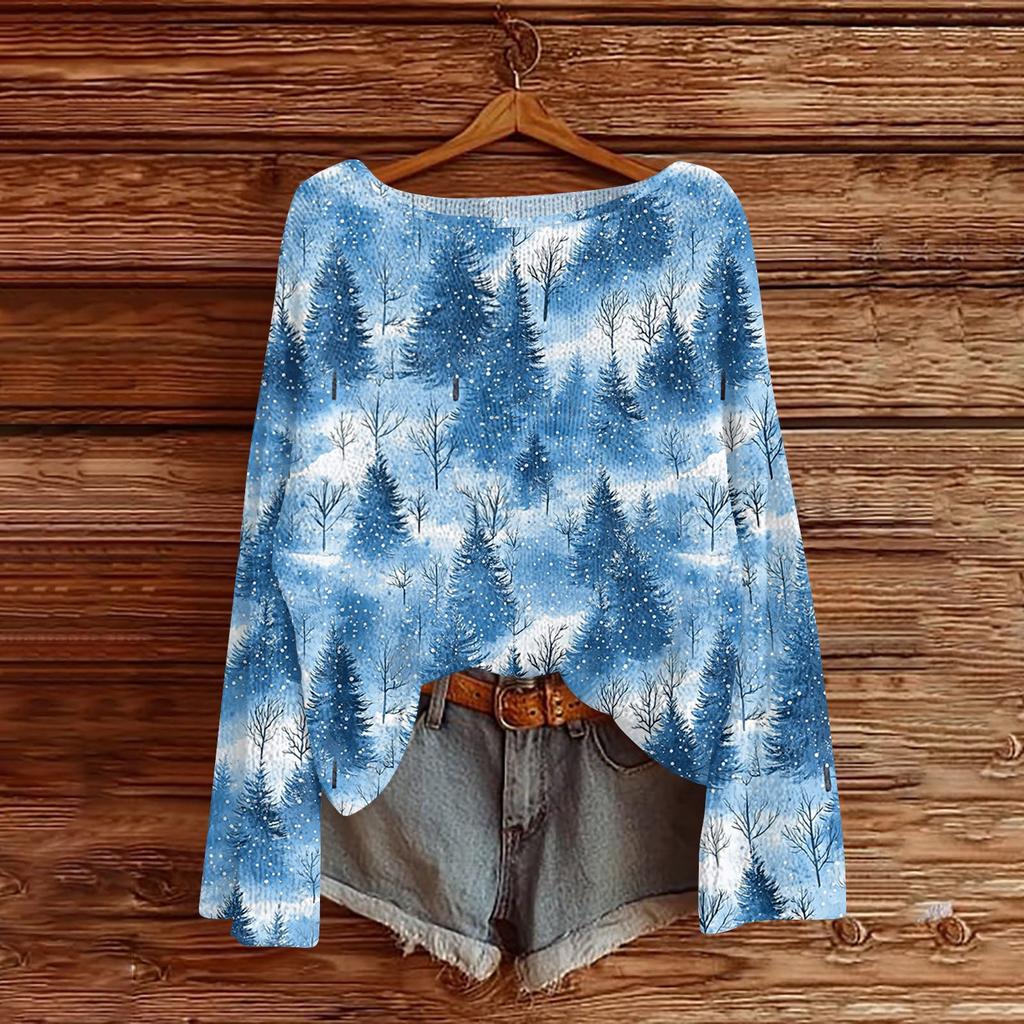 Women's Fashion Round Neck Long Sleeve Christmas Print Casual Pullover Sweater Top