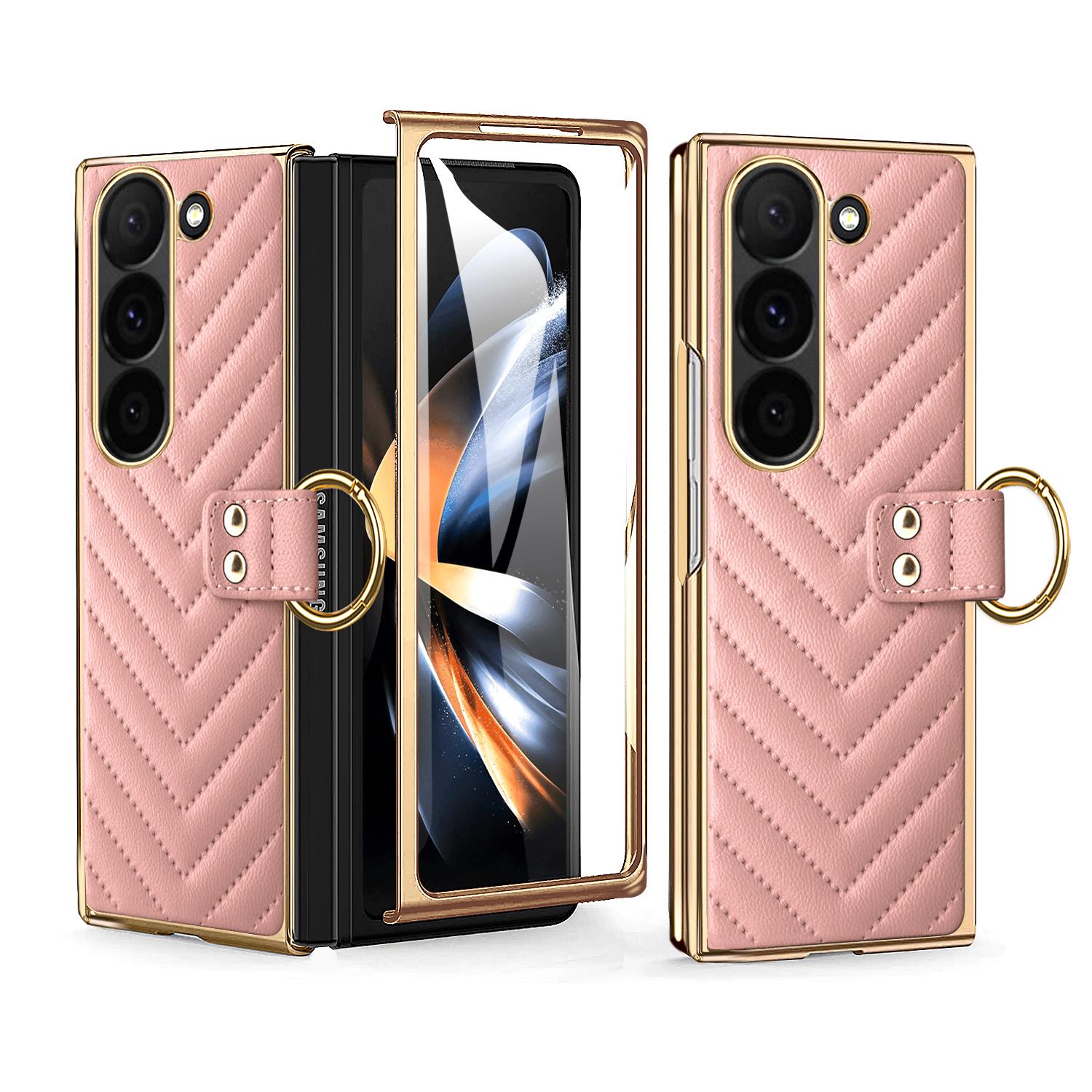 

for Samsung Galaxy Z Fold 7 Case with Ring Holder&Built-in Screen Protector Women Quilted Leather Z Fold 6 5 4 Phone Case For samsung Z fold5 розовый