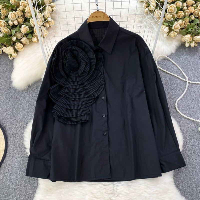 

Long Sleeves Ruched Wooden Ear Loose Casual Large Flower Black All yards