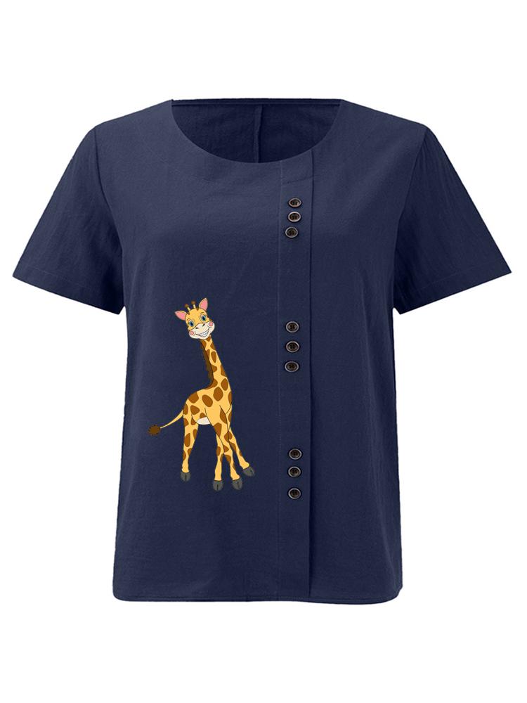 Women's Fashion Giraffe Print Shot Sleeve T-shirt Loose Cotton Shirt Casual Loose Summer Blouse Tops Plus Size