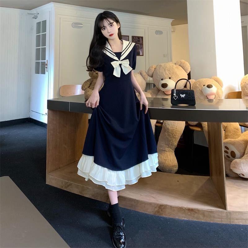 Plus Size Preppy Embroidered Sailor Dress – Tummy-Slimming A-Line Skirt for Curvy Girls