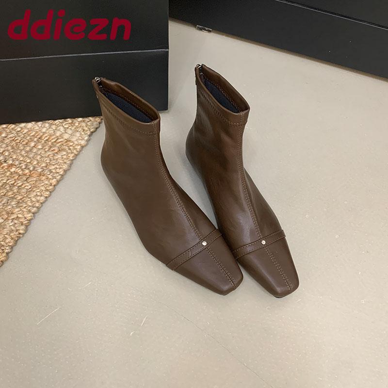Fashion Female Square Toe Ladies Ankle Boots Low Heel Shoes Fashion Elastic Women Short Stretch Boots With Zippers Shoes