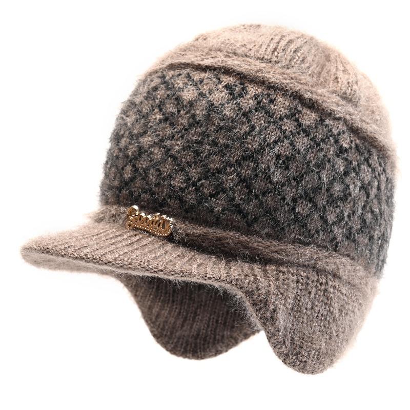 Winter Hat Female Old Lady Knitted Wool Hat Piled Thickened Warm and Cold Ear Hat