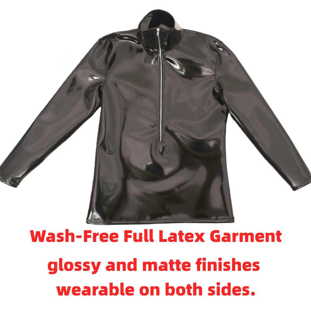 Sexy Men Pvc Glossy Shiny Long Sleeve T-Shirt Double Sided Pu Club Dance Top Smooth Elastic Stage Wear Elastic Slim Tights