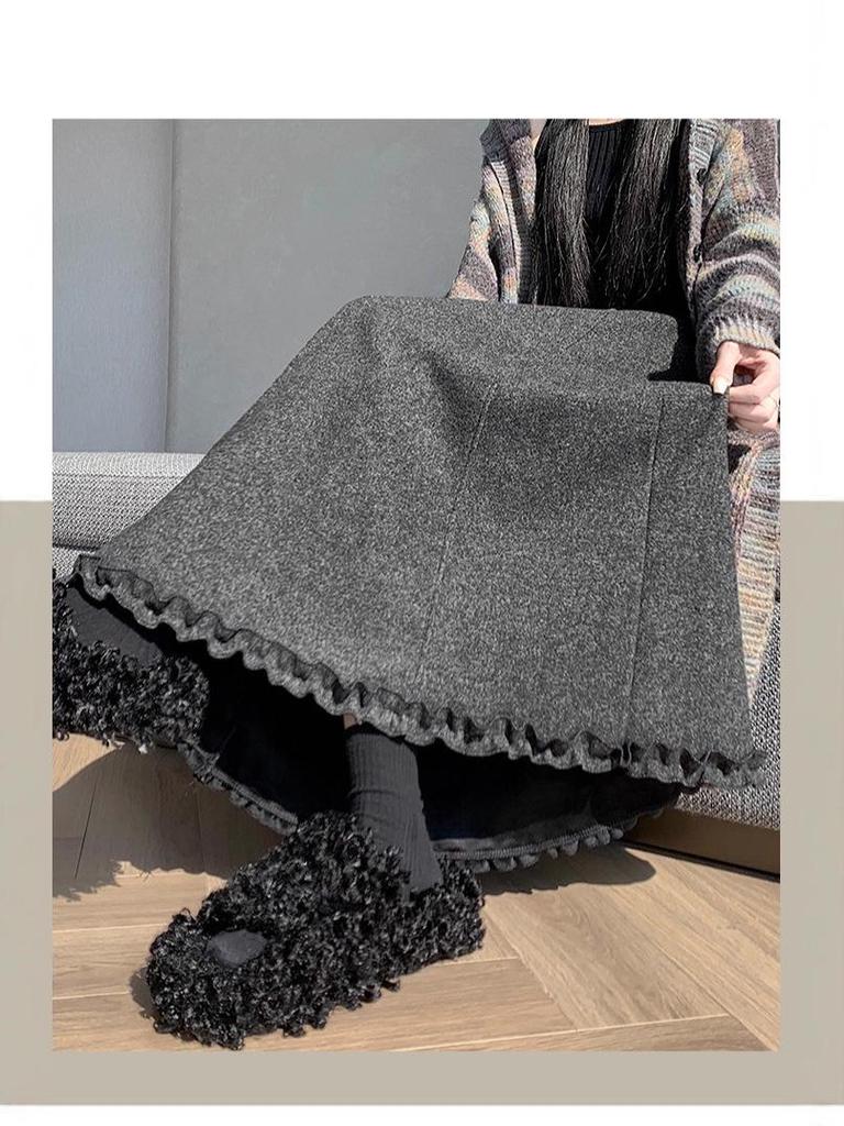 Deep Gray Woolen High Waist A-line Ruffle Skirt for Women - Autumn/Winter Collection