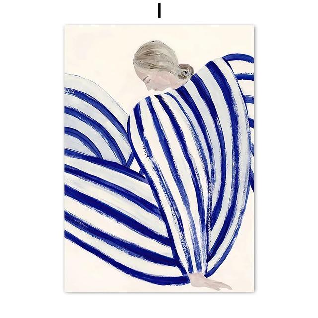1Pcs Interior Paintings Blue Striped Girl Wall Decororation Modern Art Living Room Home Decor Vase Canvas Painting Nordic Poster No Frame