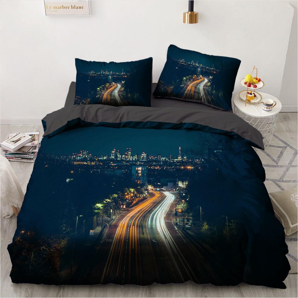 Urban Night View Duvet Cover Set Brightly Lit Night Scene Bedding Set For Teens Adults Queen Size Soft Microfiber Quilt Cover
