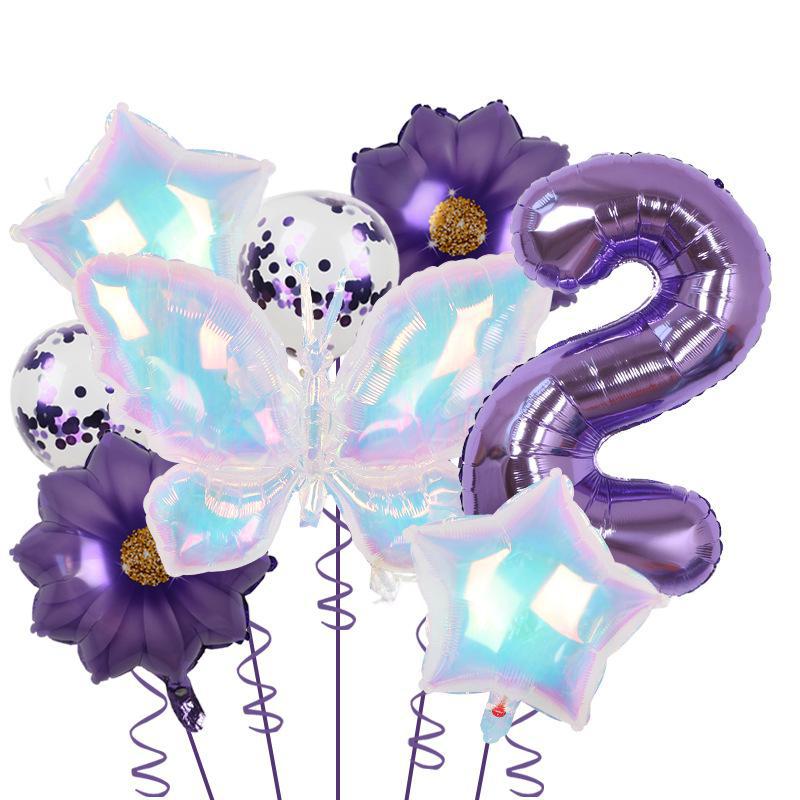 Colorful Large Butterfly Purple Flower 32 Digital Aluminum Film Balloon Set Latex Sequins Birthday Party Decoration