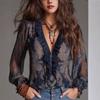 European and American deep V-neck paisley frilly print chiffon shirt top