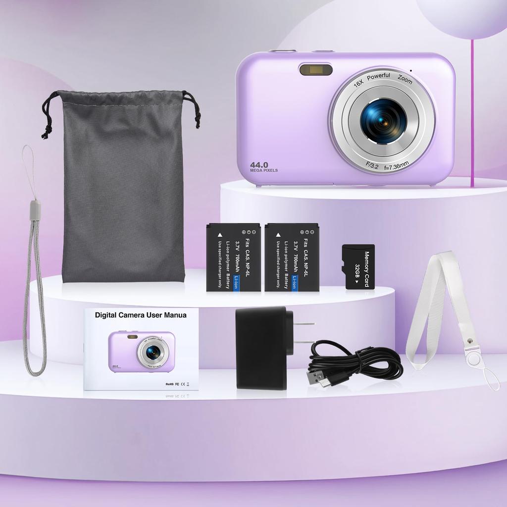 Bofypoo Digital Camera with Micro SD Card, Neck Strap, 44MP HD 1080P Recording, 16x Zoom, 2.4-inch IPS Screen, Video Recording, Webcam,