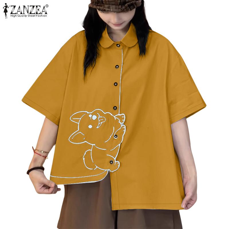 ZANZEA Women Casual Turn Down Collar Loose Short Sleeve Irregular Blouse