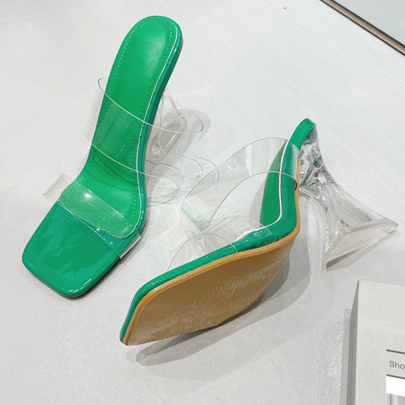 Sexy Women 11cm High Heels Slippers Summer Green Transparent Block Heels Slippers Fetish Lady Mules Fashion Crystal Shoes